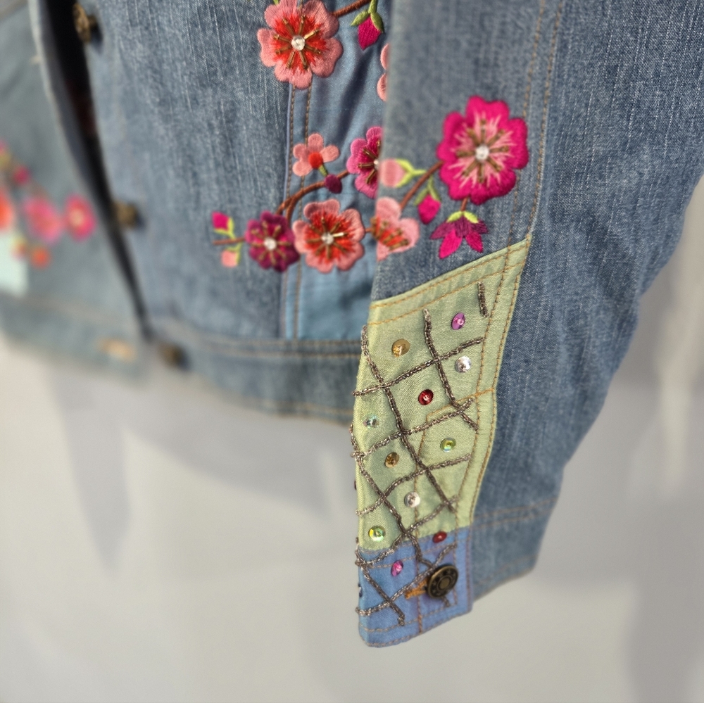 Funky Jean Jacket Berek Takako Sakon Medium Embroidered Butterfly Flowers - Picture 6 of 10